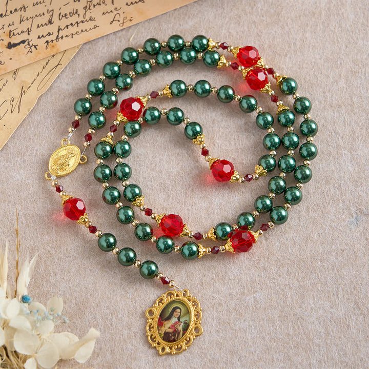 Christianartworkshop Vintage Dark Green St. Therese Medal Seven Sorrows Rosary with Ruby Red Accents - Our Lady & Crucifix - image 0