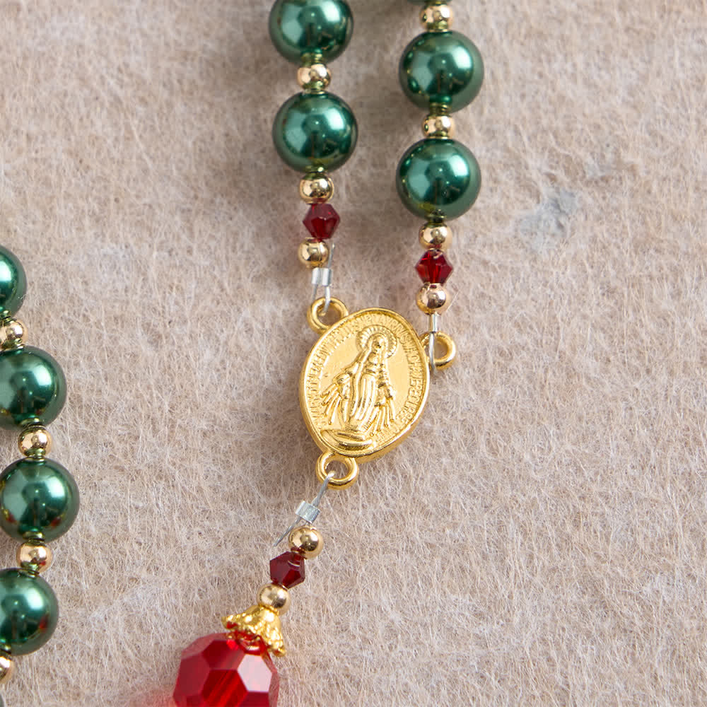 Christianartworkshop Vintage Dark Green St. Therese Medal Seven Sorrows Rosary with Ruby Red Accents - image 7