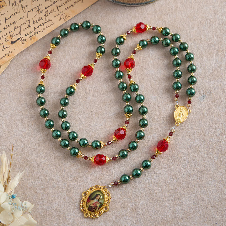 Christianartworkshop Vintage Dark Green St. Therese Medal Seven Sorrows Rosary with Ruby Red Accents - image 2