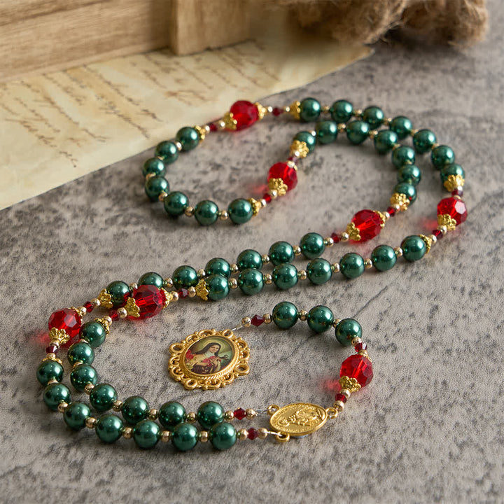 Christianartworkshop Vintage Dark Green St. Therese Medal Seven Sorrows Rosary with Ruby Red Accents - image 4