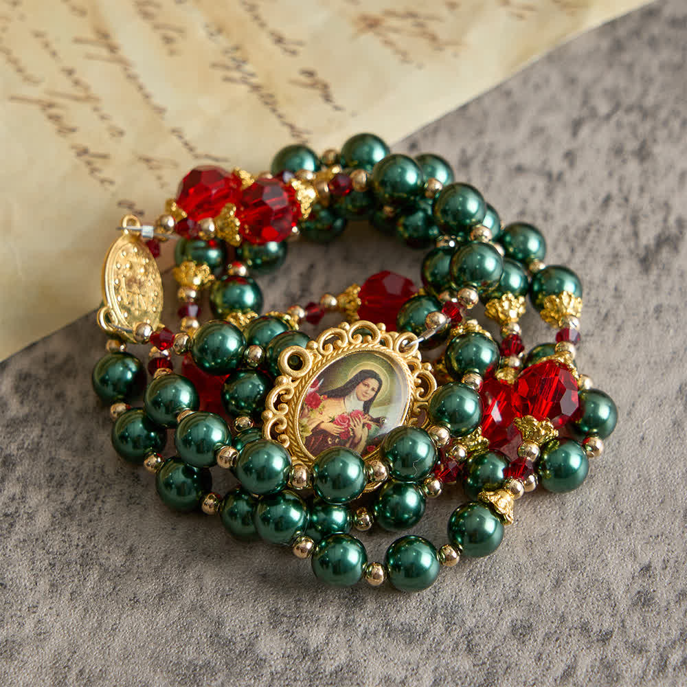 Christianartworkshop Vintage Dark Green St. Therese Medal Seven Sorrows Rosary with Ruby Red Accents - image 3