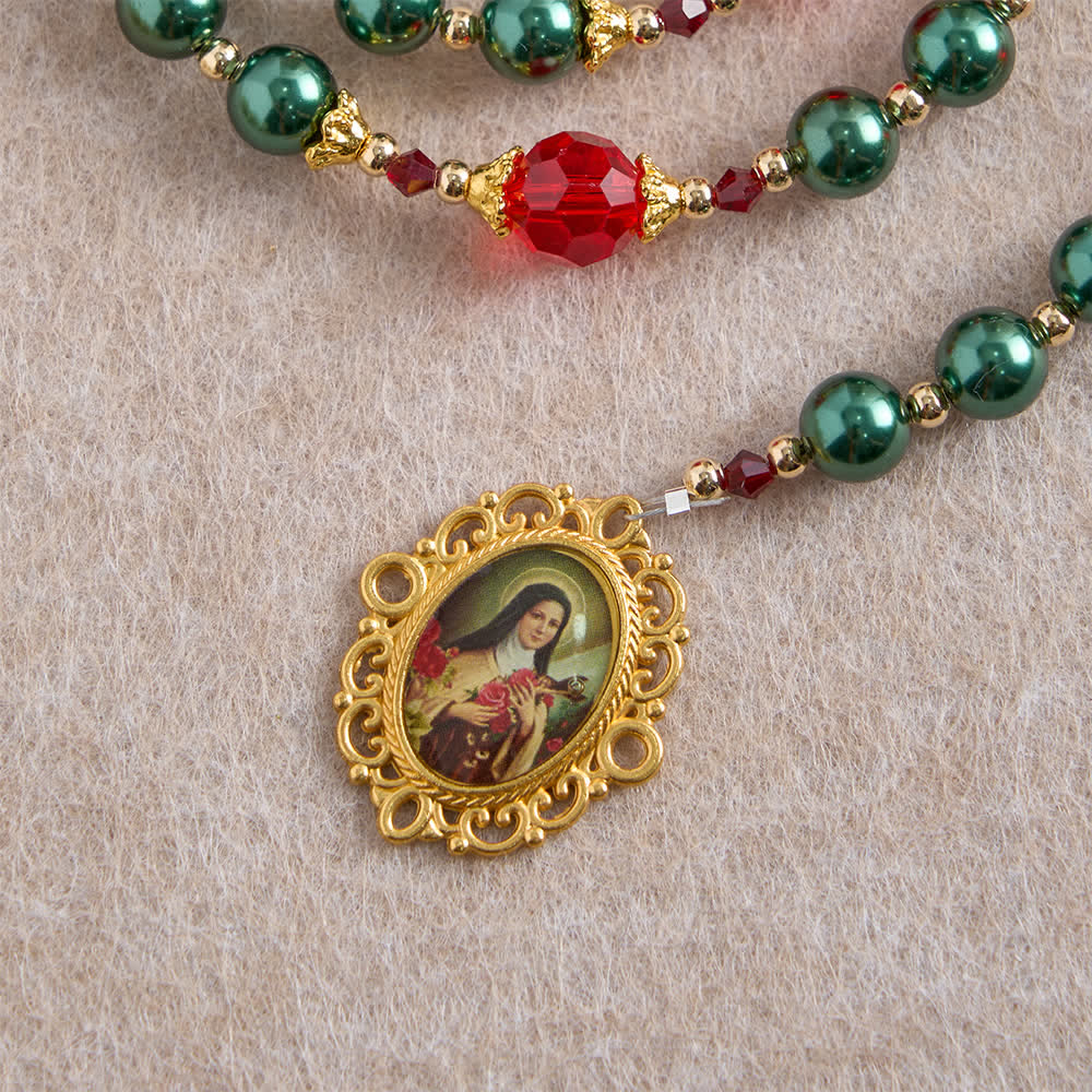 Christianartworkshop Vintage Dark Green St. Therese Medal Seven Sorrows Rosary with Ruby Red Accents - image 8