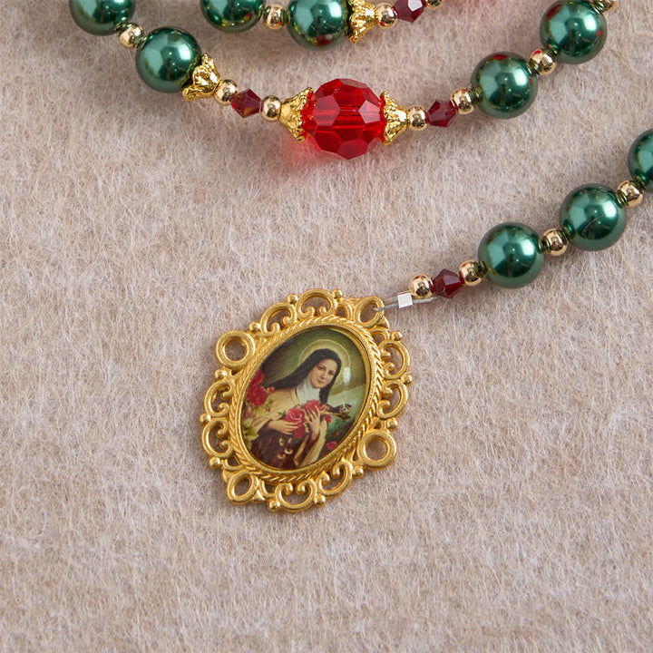 Christianartworkshop Vintage Dark Green St. Therese Medal Seven Sorrows Rosary with Ruby Red Accents - image 8