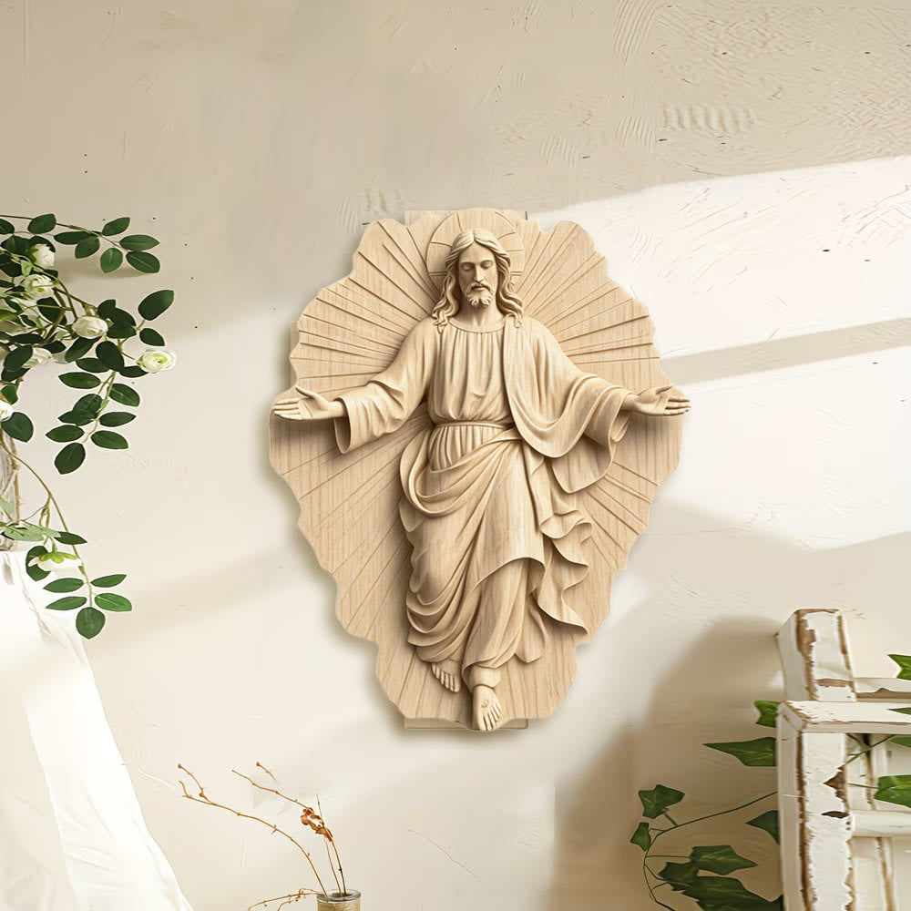Christianartworkshop Rustic Wood Wall Decor with Printed Outstretched-Arm Jesus: A Reminder of Grace and Welcome - image 1