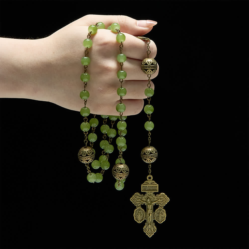 Christianartworkshop Bronze Filigree & Olive Green Glass Rosary with Our Lady - image 1