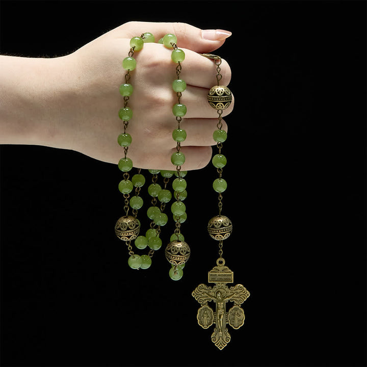 Christianartworkshop Bronze Filigree & Olive Green Glass Rosary with Our Lady - image 1