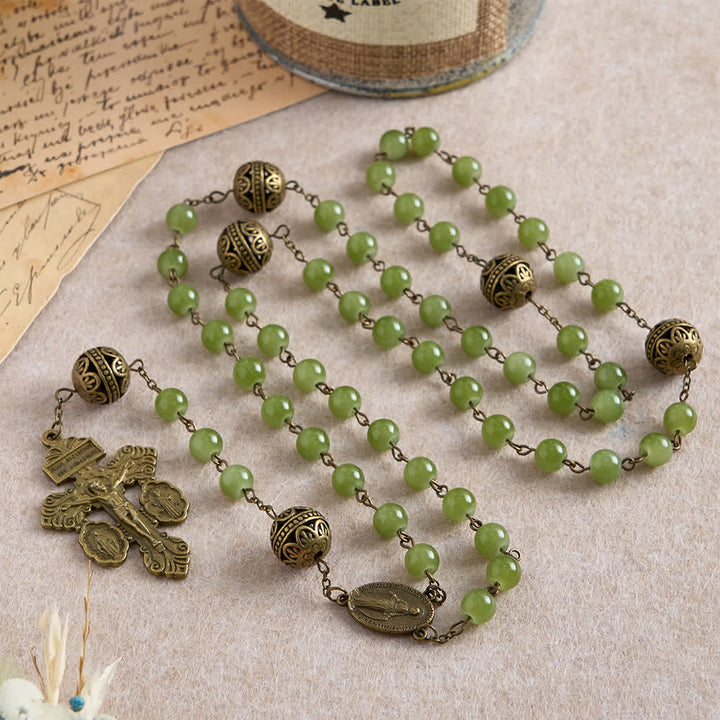 Christianartworkshop Bronze Filigree & Olive Green Glass Rosary with Our Lady - image 3