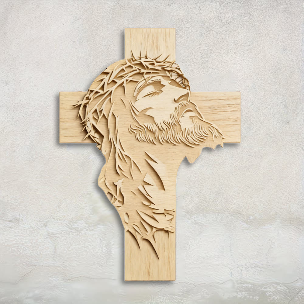 Christianartworkshop Warm Rustic Wooden Cross Wall Decor with Printed Jesus in Crown of Thorns - 60cm - image 0