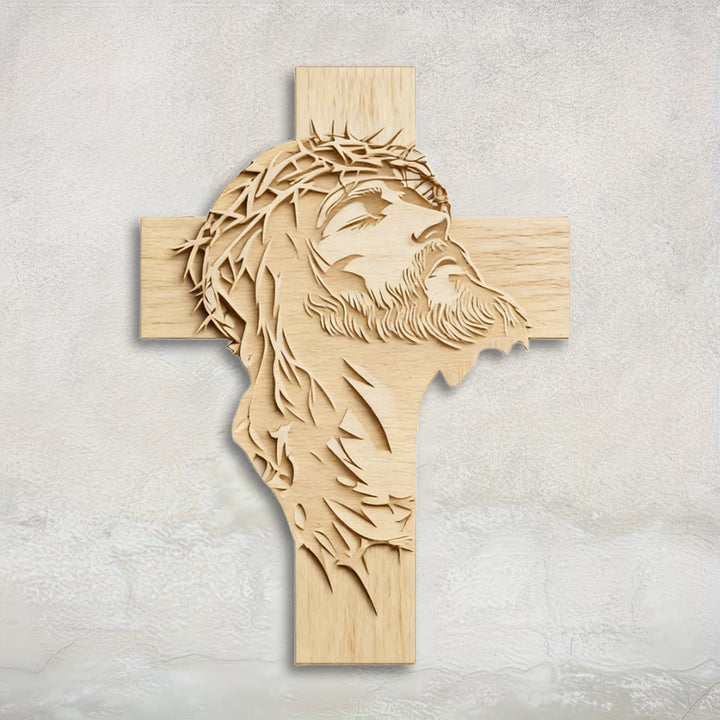Christianartworkshop Warm Rustic Wooden Cross Wall Decor with Printed Jesus in Crown of Thorns - 60cm - image 0