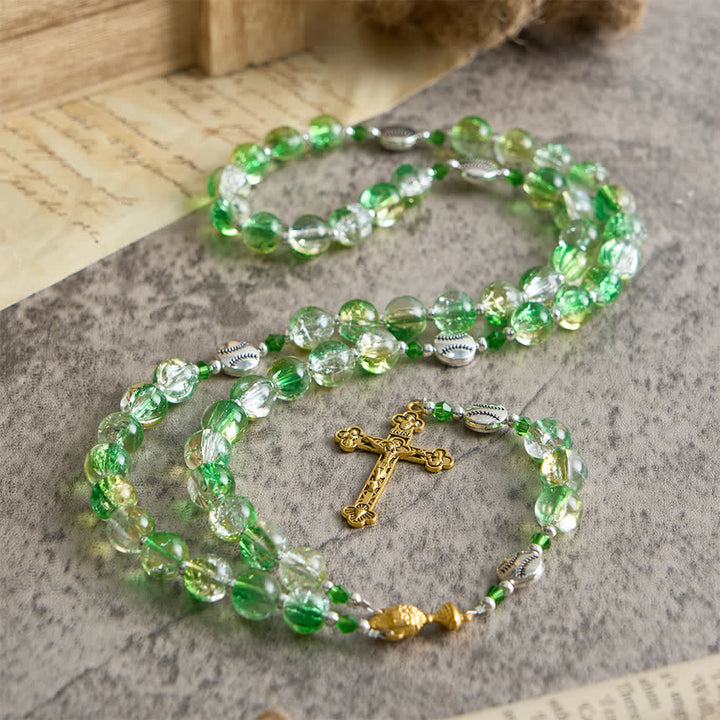 Christianartworkshop Yellow Green Crackle Glass Rosary: Tennis Ball Beads with Eucharist Medal for Faith in Motion - image 4