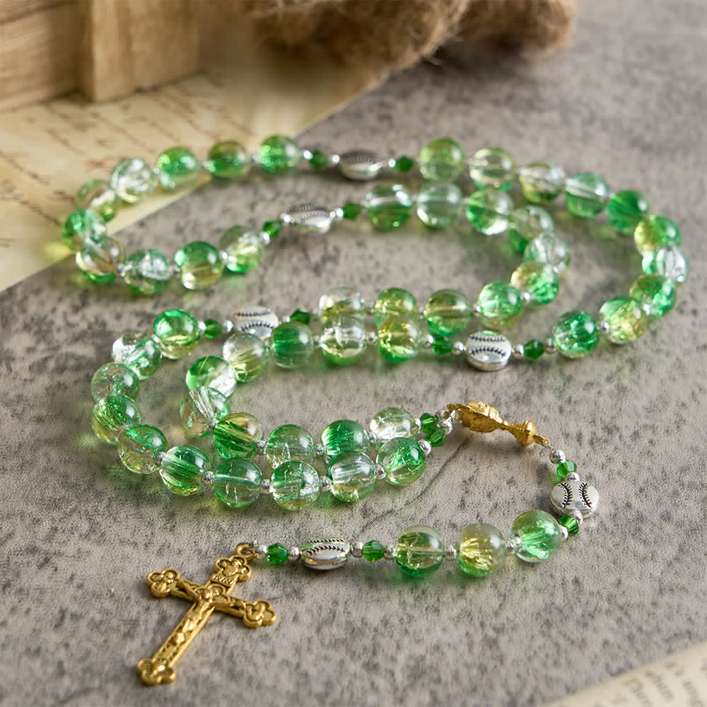 Christianartworkshop Yellow Green Crackle Glass Rosary: Tennis Ball Beads with Eucharist Medal for Faith in Motion - image 3
