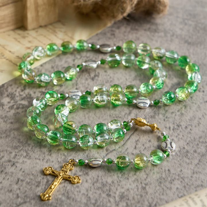 Christianartworkshop Yellow Green Crackle Glass Rosary: Tennis Ball Beads with Eucharist Medal for Faith in Motion - image 3