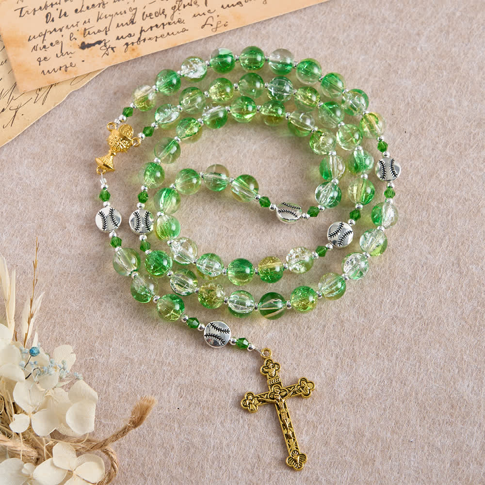Christianartworkshop Yellow Green Crackle Glass Rosary: Tennis Ball Beads with Eucharist Medal for Faith in Motion - image 2