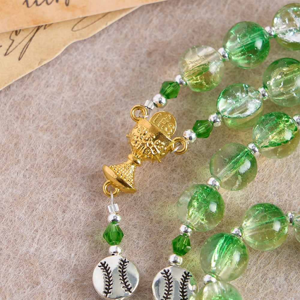 Christianartworkshop Yellow Green Crackle Glass Rosary: Tennis Ball Beads with Eucharist Medal for Faith in Motion - image 6