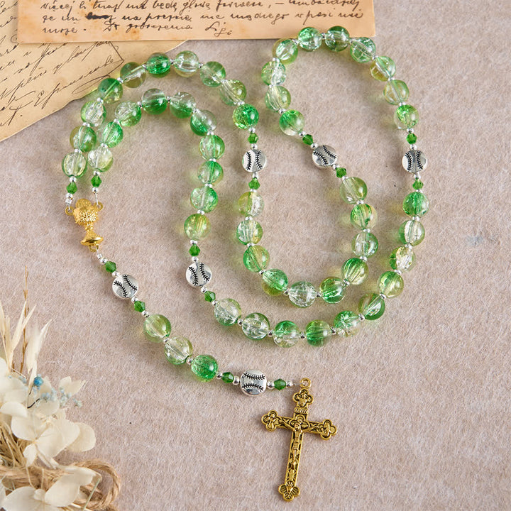 Christianartworkshop Yellow Green Crackle Glass Rosary: Tennis Ball Beads with Eucharist Medal for Faith in Motion - Holy Grail & Crucifix - image 0