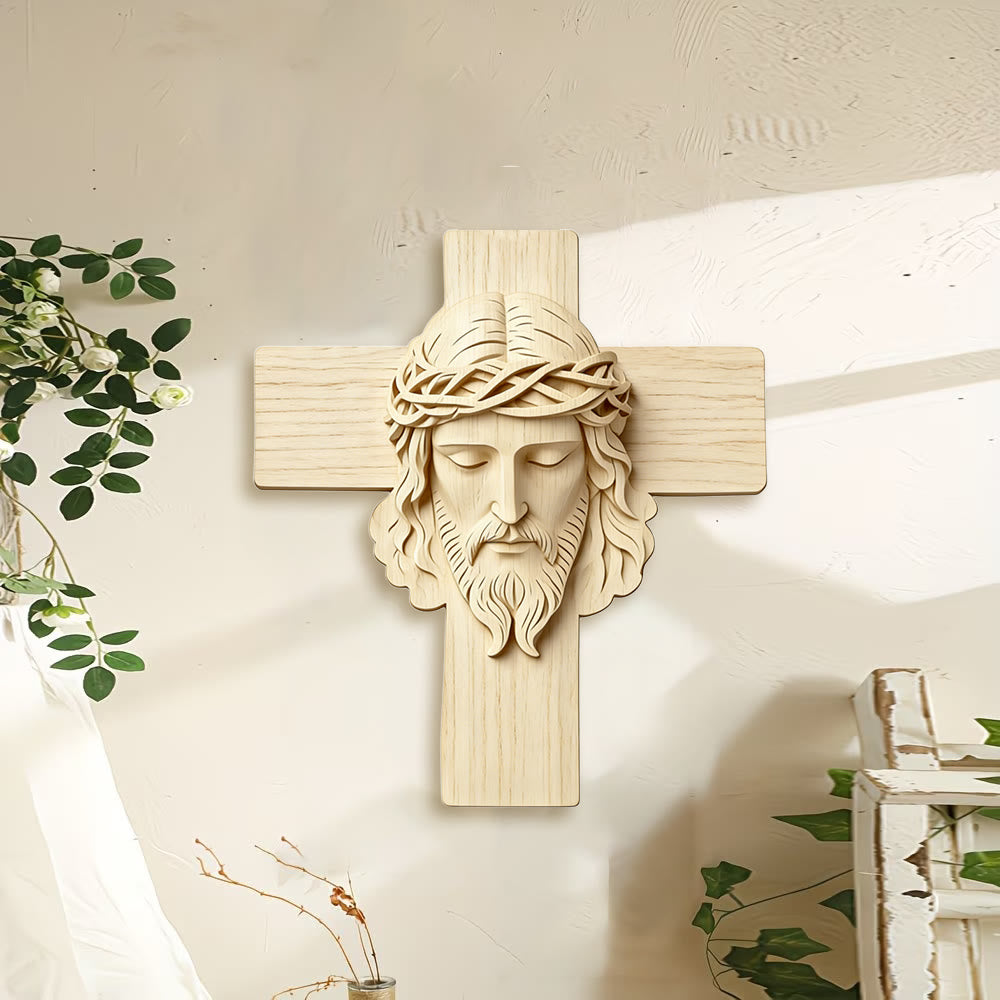 Christianartworkshop Timeless Wooden Cross Wall Hanging with 2D Closed-Eye Jesus Print - image 1