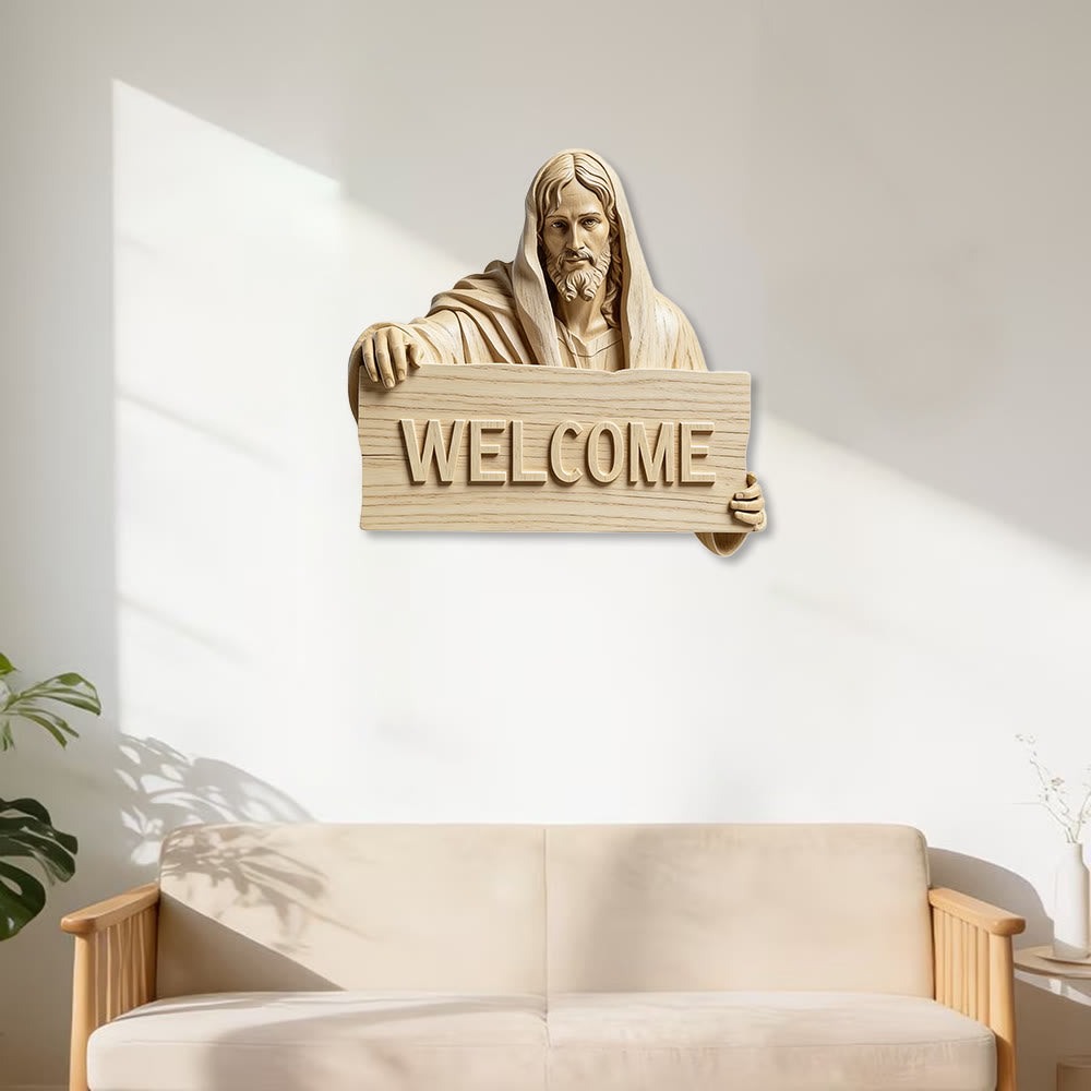 Christianartworkshop Natural Wood Wall Hanging with Printed Jesus WELCOME Plaque: A Reminder of Open Arms - image 2