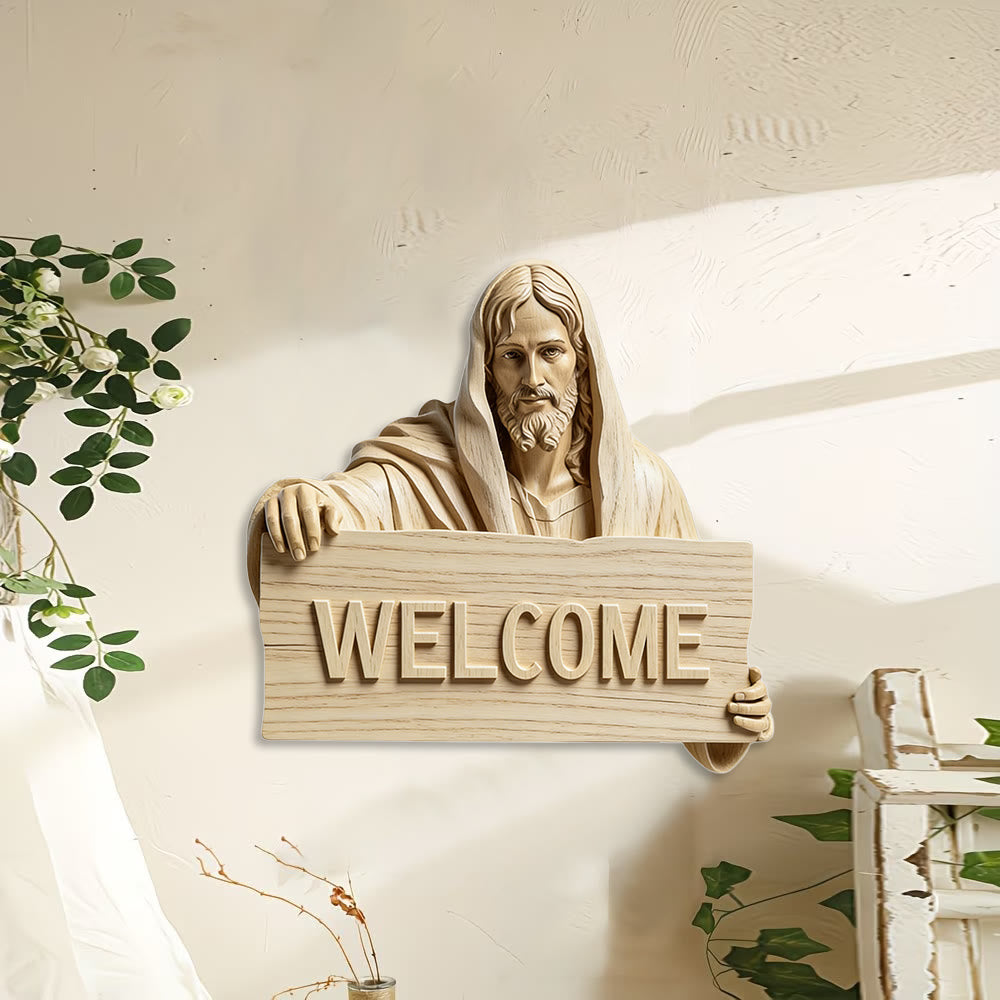 Christianartworkshop Natural Wood Wall Hanging with Printed Jesus WELCOME Plaque: A Reminder of Open Arms - image 1