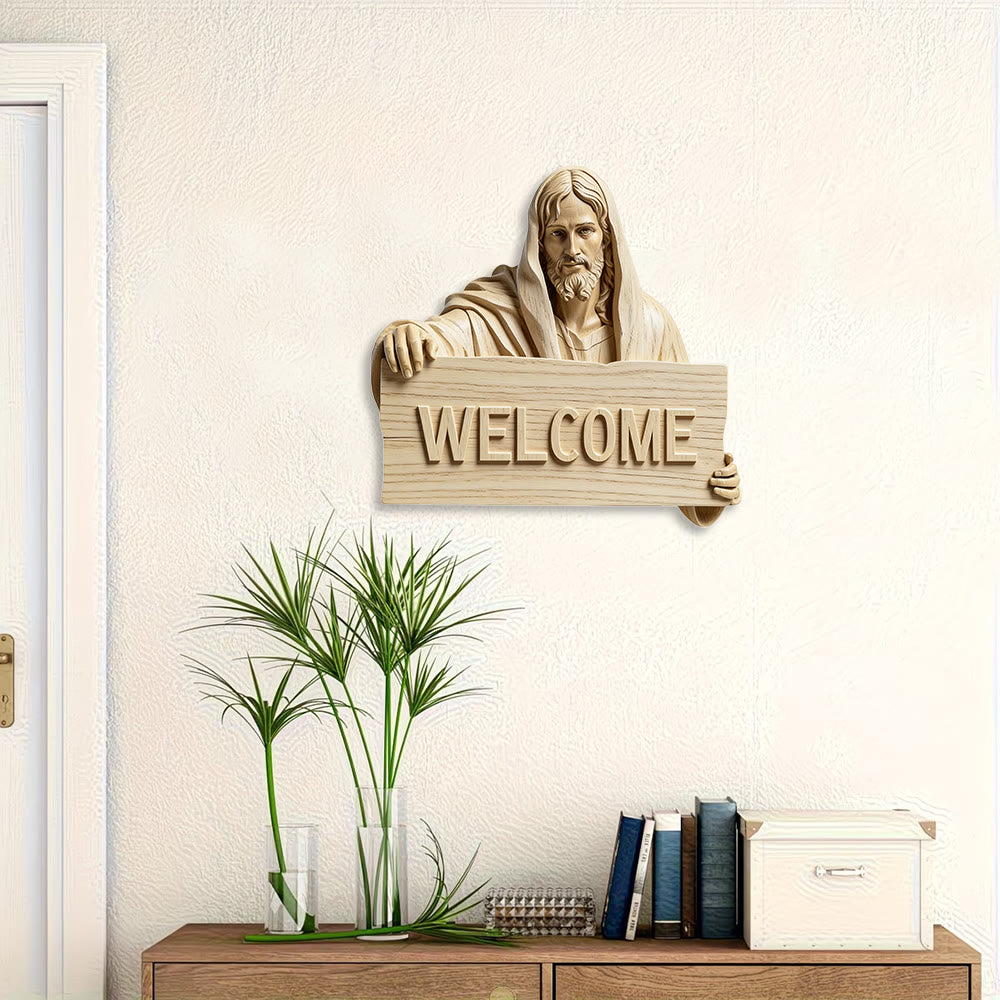 Christianartworkshop Natural Wood Wall Hanging with Printed Jesus WELCOME Plaque: A Reminder of Open Arms - image 3