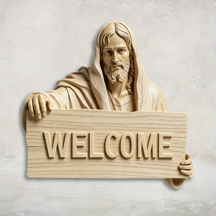 Christianartworkshop Natural Wood Wall Hanging with Printed Jesus WELCOME Plaque: A Reminder of Open Arms - 60cm - image 0