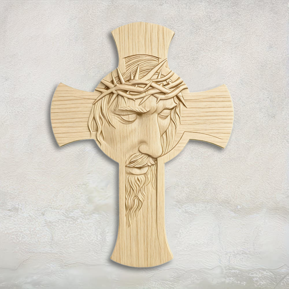 Christianartworkshop Minimalist Wooden Cross Wall Art with 2D Jesus Crown of Thorns Print: An Emblem of Devotion and Grace - 60cm - image 0