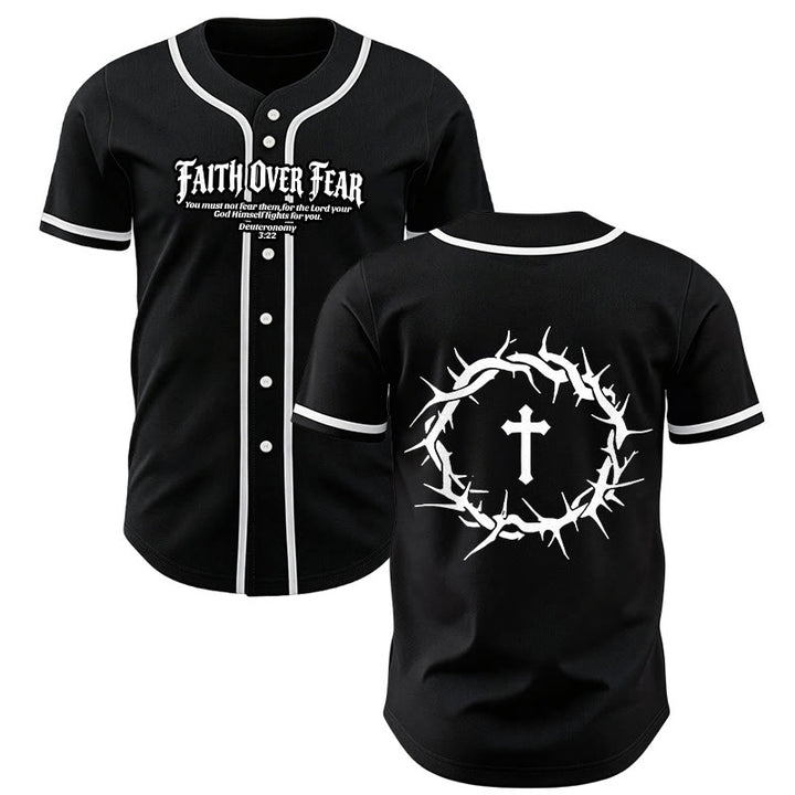 Christianartworkshop Faith Over Fear Deuteronomy 3:22 Crown of Thorns Cross Statement Baseball Jersey - Black - 5XL - image 7