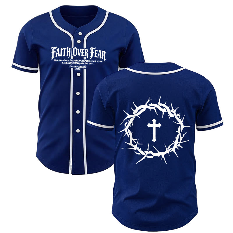 Christianartworkshop Faith Over Fear Deuteronomy 3:22 Crown of Thorns Cross Statement Baseball Jersey - Navy Blue - 5XL - image 14