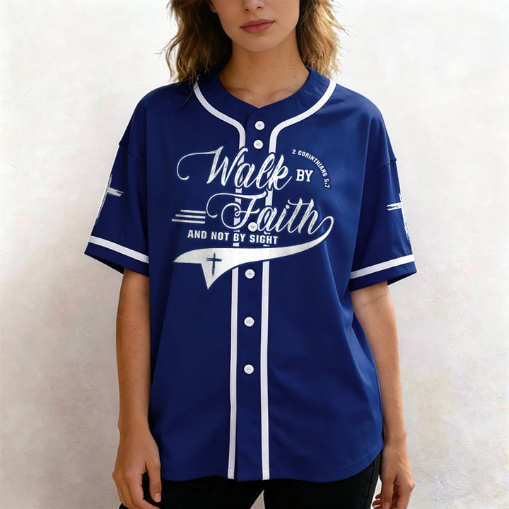 Christianartworkshop 2 Corinthians 5:7 “Walk By Faith And Not By Sight” Cross Statement Baseball Jersey - image 2