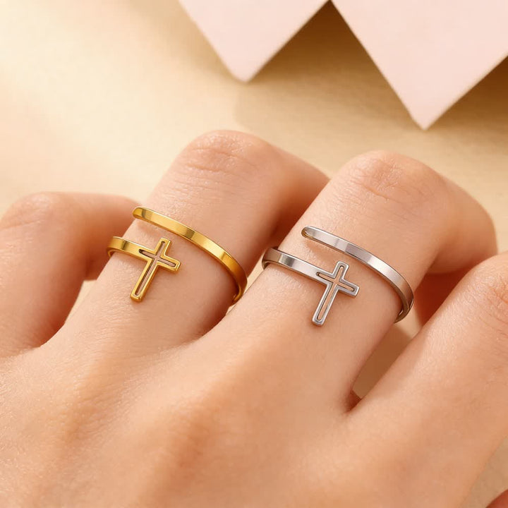 Christianartworkshop Minimalist Cross Wrap Ring Set: Stackable Faith Jewelry for Daily Use - 1 SET (Golden & Silver) Suitable for US sizes 7-9 - image 0