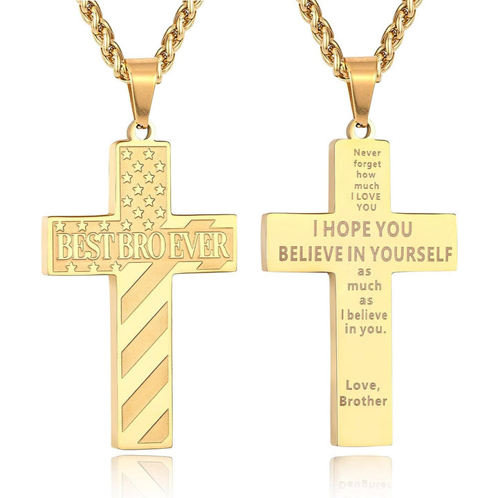 Christianartworkshop You'll Always Be My Hero Patriotic Cross Necklace: A Sentimental Gift for Dad from Son, Daughter & Brother, Emblem of Family Bond & Faith - BEST BRO EVER-brother-Golden - image 20