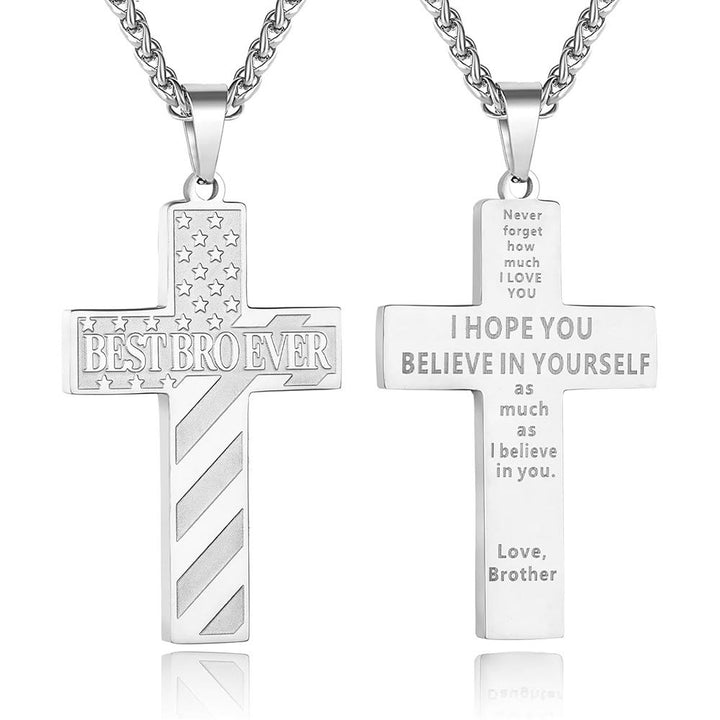 Christianartworkshop You'll Always Be My Hero Patriotic Cross Necklace: A Sentimental Gift for Dad from Son, Daughter & Brother, Emblem of Family Bond & Faith - BEST BRO EVER-brother-Silver - image 19
