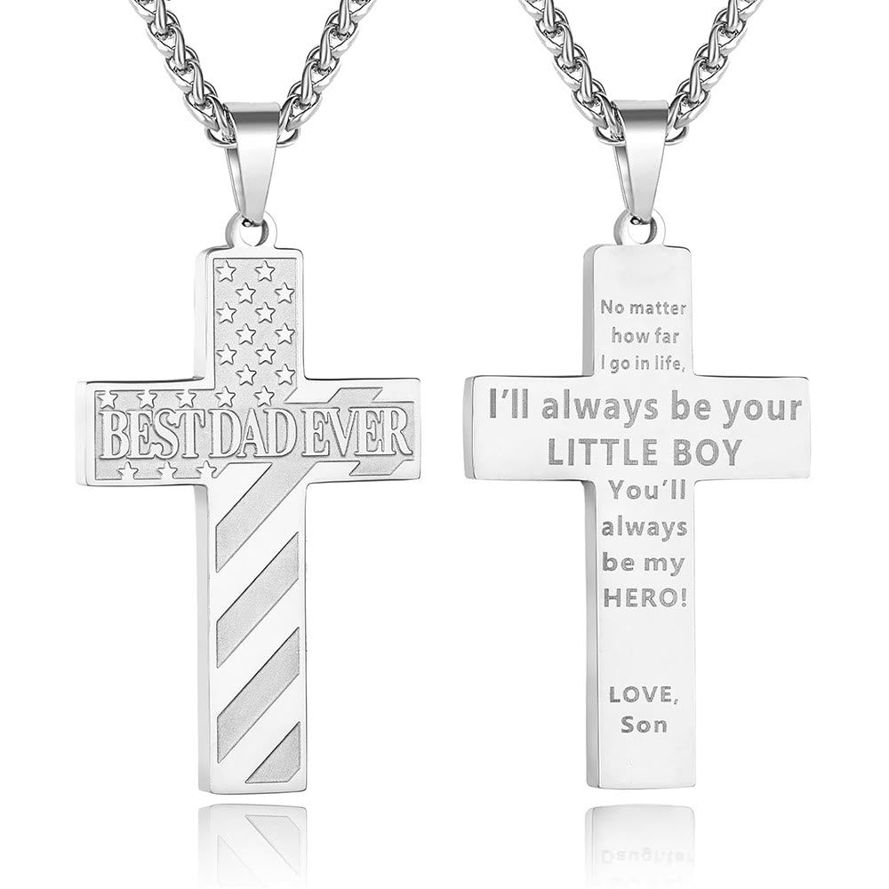 Christianartworkshop You'll Always Be My Hero Patriotic Cross Necklace: A Sentimental Gift for Dad from Son, Daughter & Brother, Emblem of Family Bond & Faith - BEST DAD EVER-son-Silver - image 2