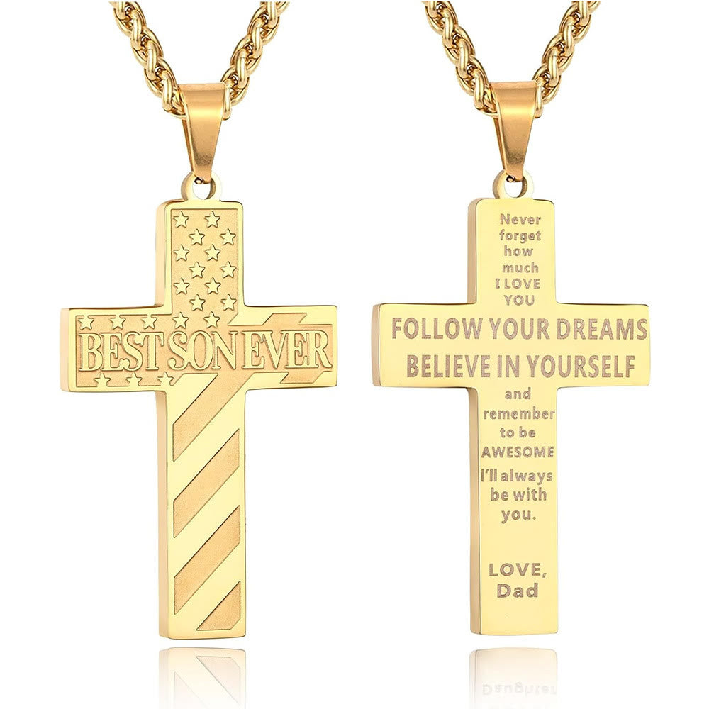 Christianartworkshop You'll Always Be My Hero Patriotic Cross Necklace: A Sentimental Gift for Dad from Son, Daughter & Brother, Emblem of Family Bond & Faith - BEST SON EVER-dad-Golden - image 14