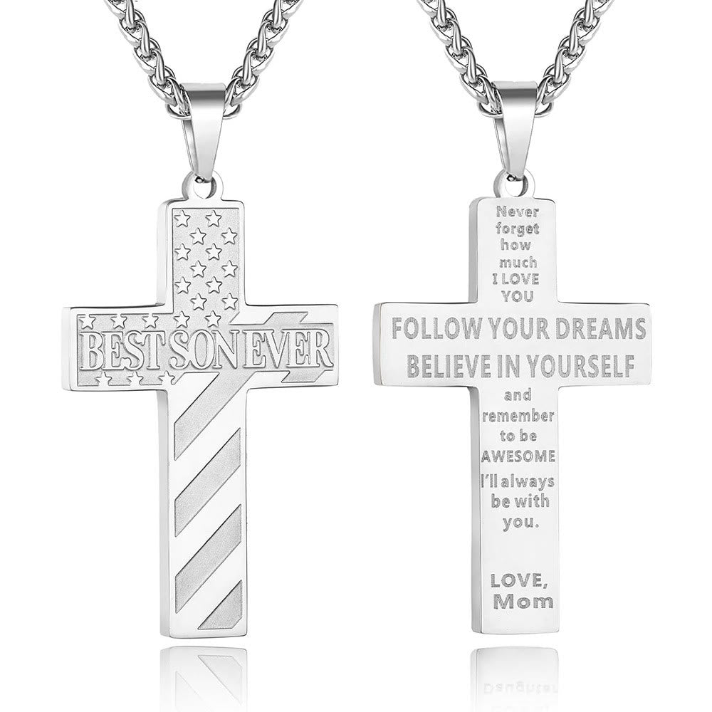 Christianartworkshop You'll Always Be My Hero Patriotic Cross Necklace: A Sentimental Gift for Dad from Son, Daughter & Brother, Emblem of Family Bond & Faith - BEST SON EVER-mom-Silver - image 10