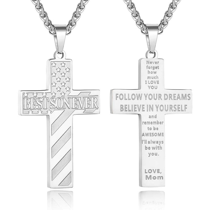 Christianartworkshop You'll Always Be My Hero Patriotic Cross Necklace: A Sentimental Gift for Dad from Son, Daughter & Brother, Emblem of Family Bond & Faith - BEST SON EVER-mom-Silver - image 10