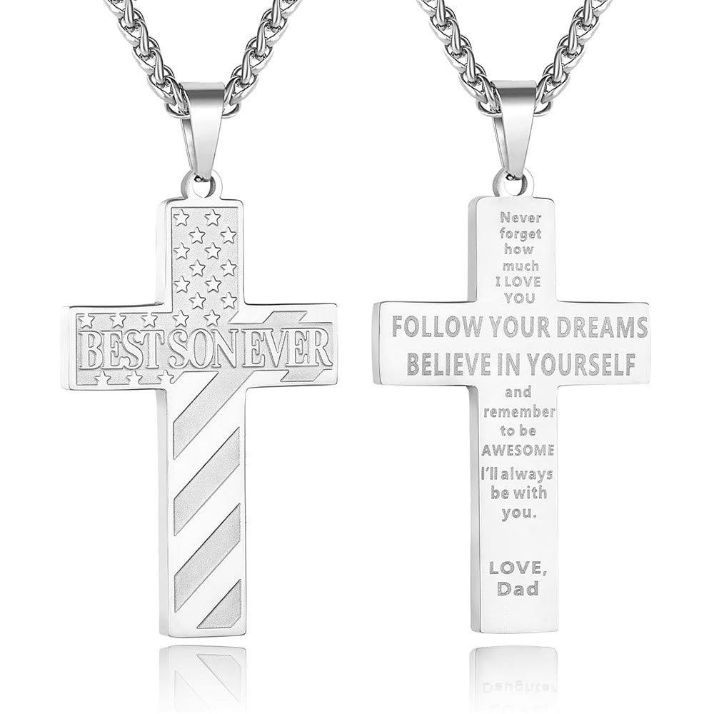 Christianartworkshop You'll Always Be My Hero Patriotic Cross Necklace: A Sentimental Gift for Dad from Son, Daughter & Brother, Emblem of Family Bond & Faith - BEST SON EVER-dad-Silver - image 13