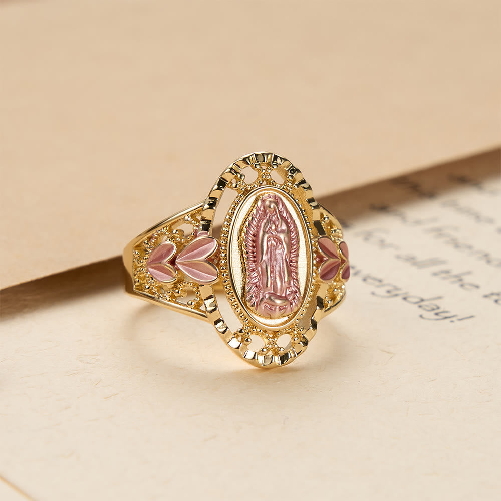 Christianartworkshop Our Lady of Guadalupe Enameled Devotional Ring with Floral Accents: A Symbol of Marian Grace & Divine Protection - US 10 - Golden - image 0