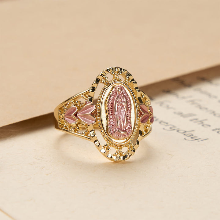 Christianartworkshop Our Lady of Guadalupe Enameled Devotional Ring with Floral Accents: A Symbol of Marian Grace & Divine Protection - US 10 - Golden - image 0