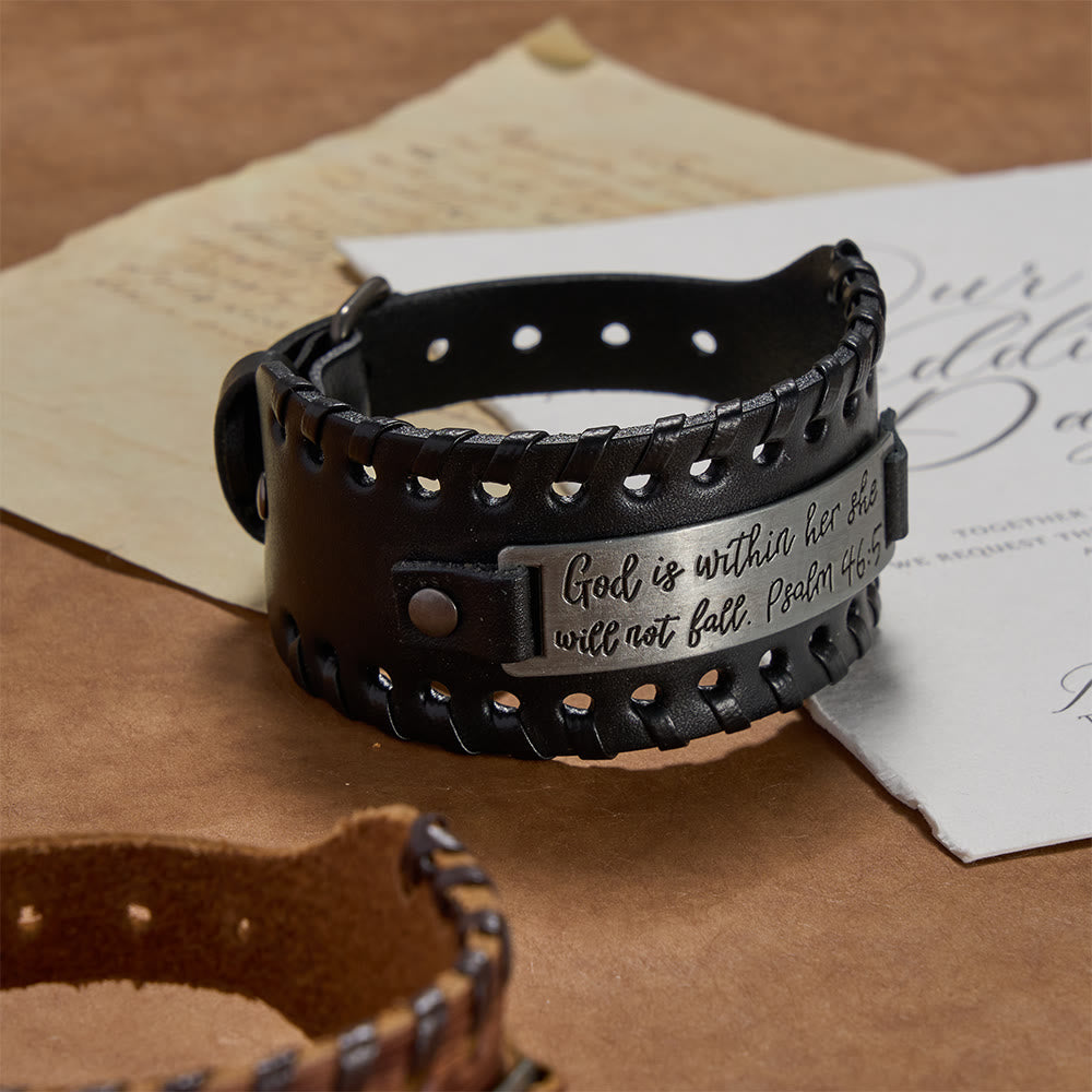 Christianartworkshop Psalm 46:5 Scripture Engraved Leather Bracelet with Braided Stitching: A Symbol of Divine Strength & Unshakable Faith - image 3