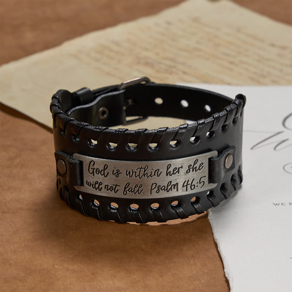 Christianartworkshop Psalm 46:5 Scripture Engraved Leather Bracelet with Braided Stitching: A Symbol of Divine Strength & Unshakable Faith - Black - image 2
