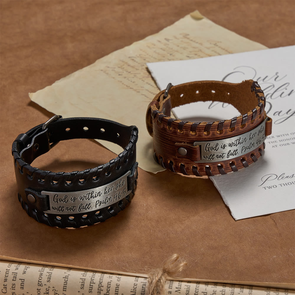 Christianartworkshop Psalm 46:5 Scripture Engraved Leather Bracelet with Braided Stitching: A Symbol of Divine Strength & Unshakable Faith - image 4