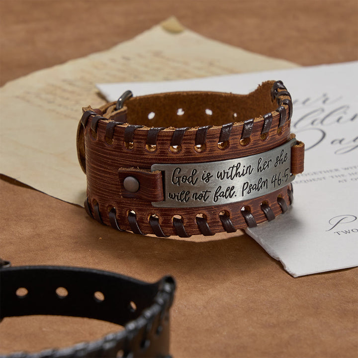 Christianartworkshop Psalm 46:5 Scripture Engraved Leather Bracelet with Braided Stitching: A Symbol of Divine Strength & Unshakable Faith - image 1