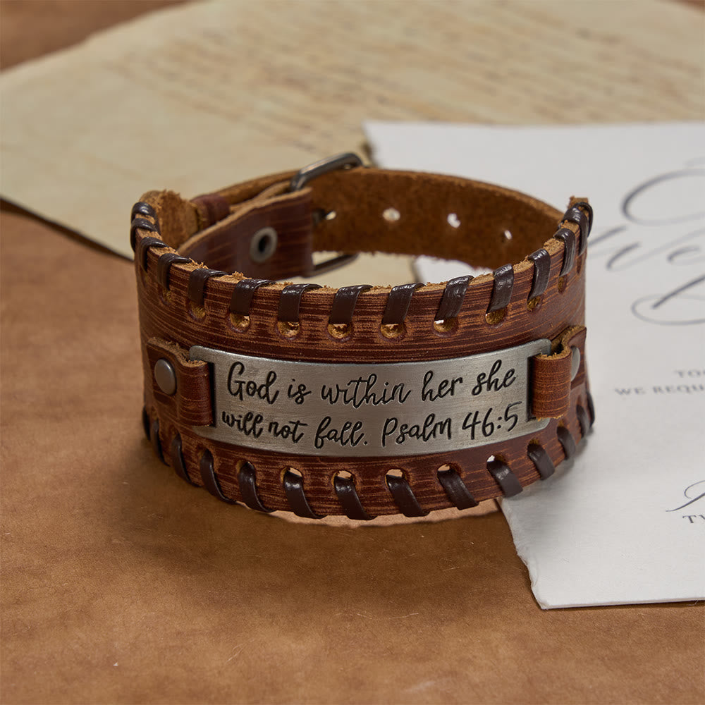 Christianartworkshop Psalm 46:5 Scripture Engraved Leather Bracelet with Braided Stitching: A Symbol of Divine Strength & Unshakable Faith - Brown - image 0