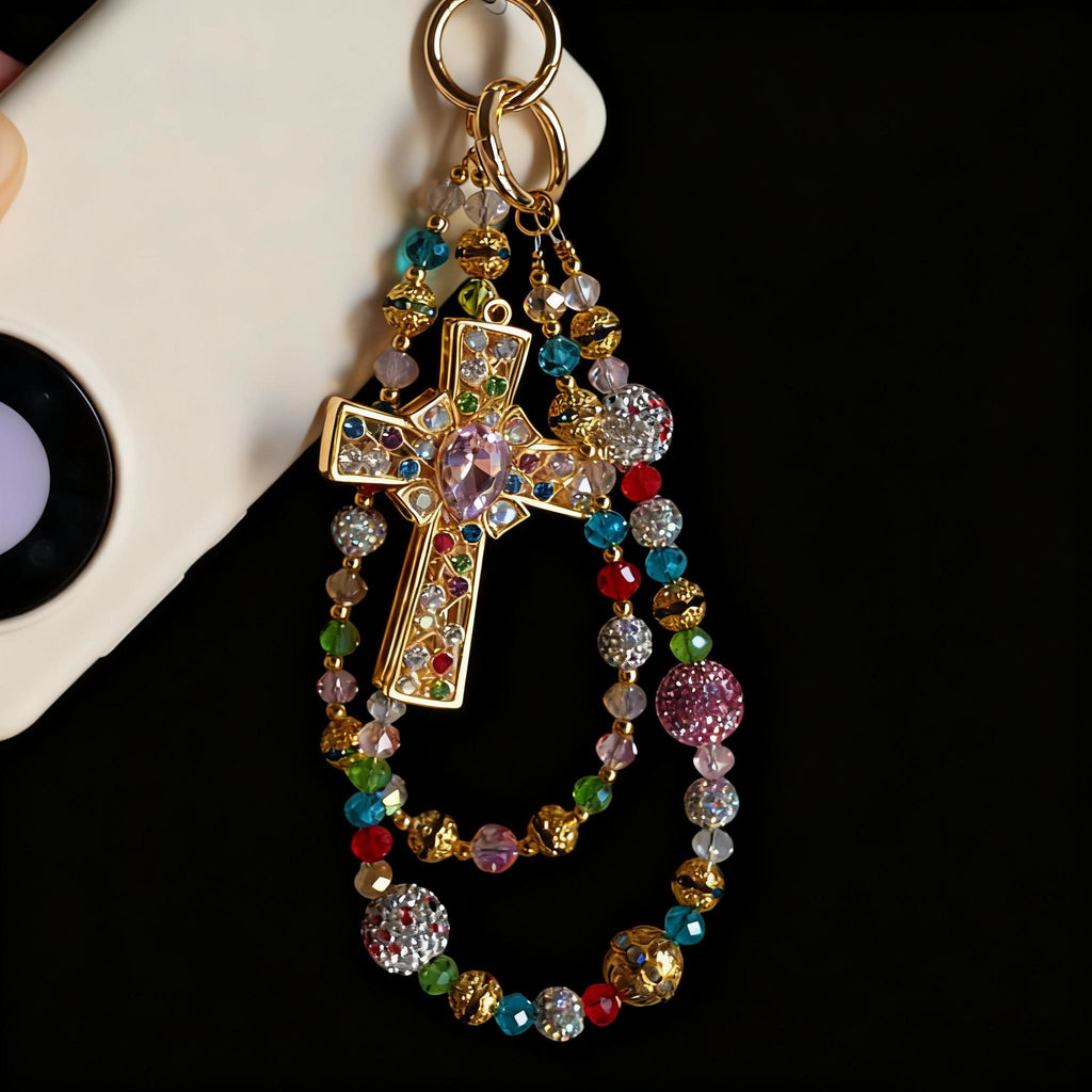 Christianartworkshop Colorful Crystal Cross Phone Charm with