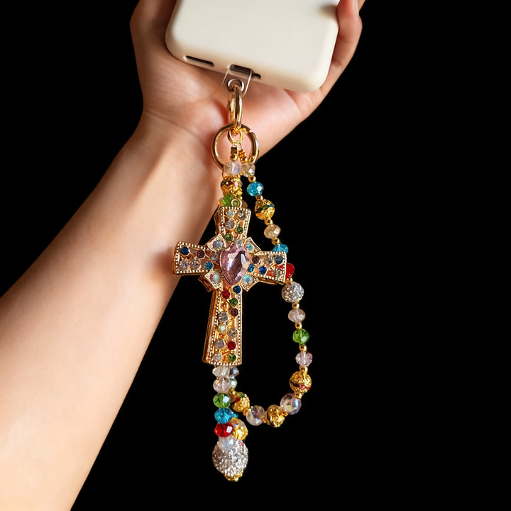 Christianartworkshop Colorful Crystal Cross Phone Charm with Beaded Tassel: A Symbol of Vibrant Faith & Divine Light - Single-chain - image 7