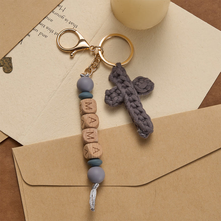 Christianartworkshop Soft Crochet Cross Keychain with “MAMA” Engraved Beads: Embody Faithful Grace & Warmth - Grey - image 6