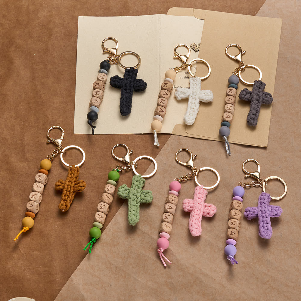 Christianartworkshop Soft Crochet Cross Keychain with “MAMA