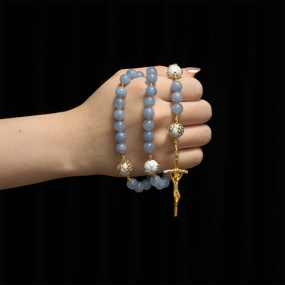 Christianartworkshop Aquamarine & White Howlite Rosary: Gold Filigree Details with St. Benedict for Serene Faith - image 1