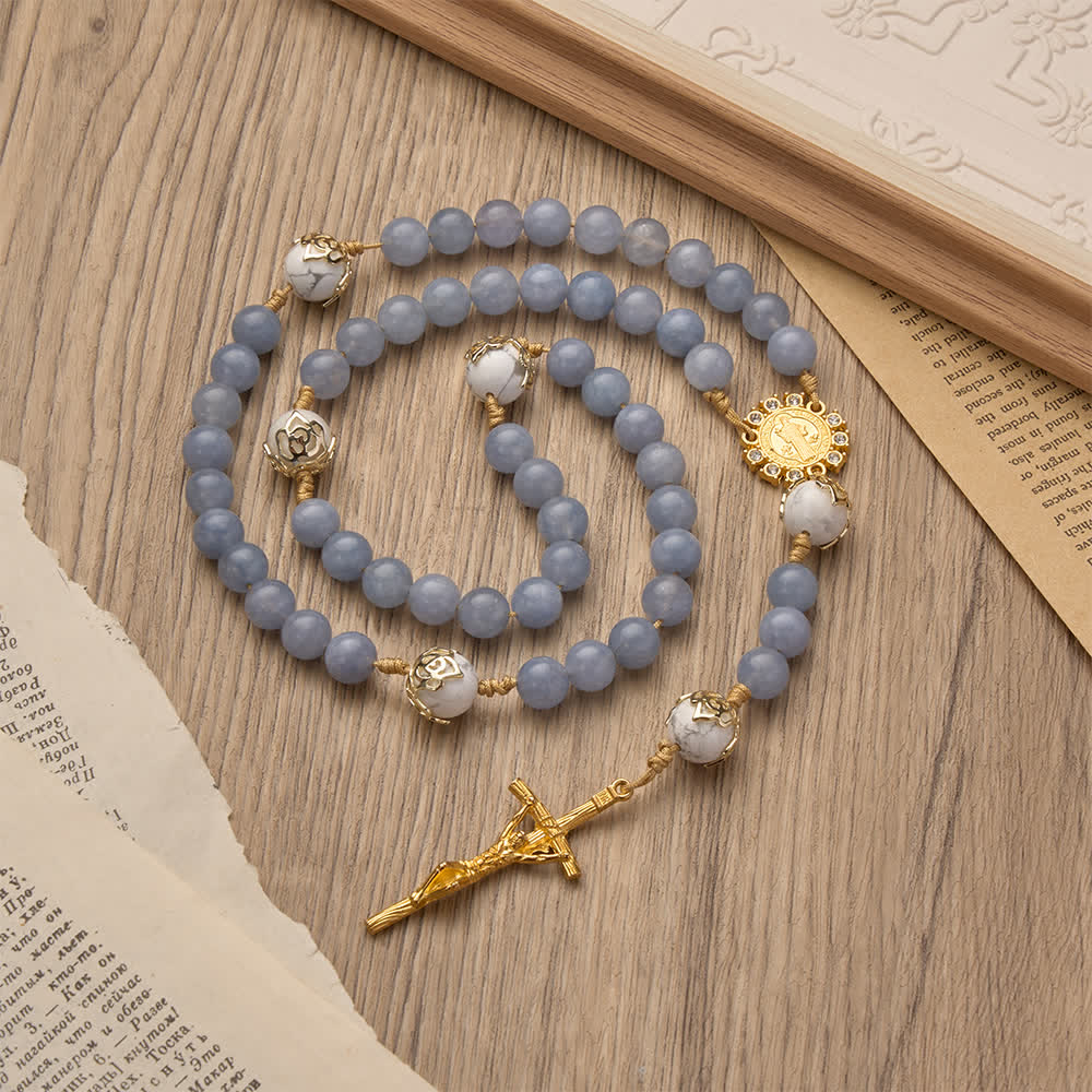 Christianartworkshop Aquamarine & White Howlite Rosary: Gold Filigree Details with St. Benedict for Serene Faith - image 4