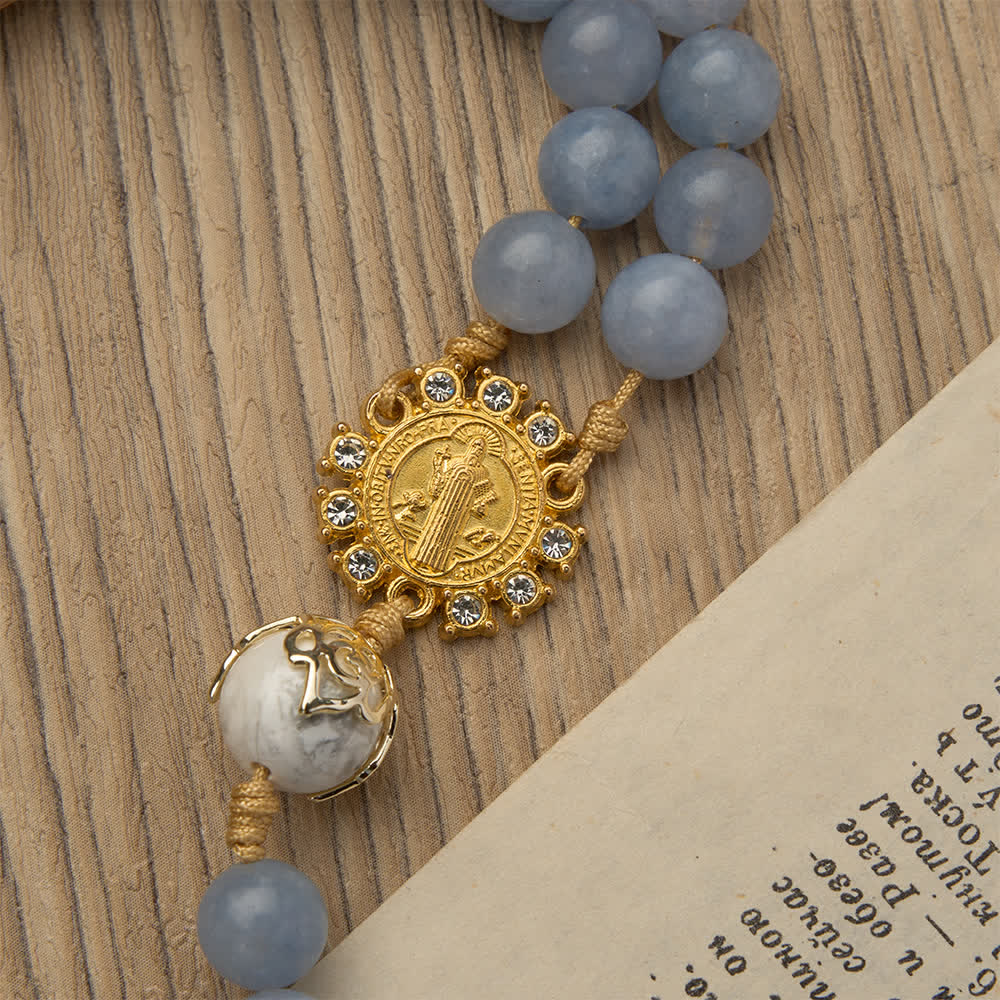 Christianartworkshop Aquamarine & White Howlite Rosary: Gold Filigree Details with St. Benedict for Serene Faith - image 8